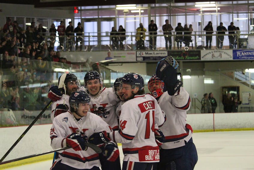 Valley Wildcats forward Blake Deacon, front, celebrates with his teammates after scoring the insurance goal into an empty net with 21 seconds remaining April 3 as the Wildcats defeated the Yarmouth Mariners 4-2 in Berwick. The win clinched the Maritime Junior Hockey League series in six games for the Wildcats, who advance to the league semifinal for the first time since 2015. “It’s been a long time since we had a Valley Wildcats team in the playoffs in the junior A (league) then to beat Yarmouth, who was the first seed in our division, I think it was unbelievable,” said goalie Antoine Lyonnais.
