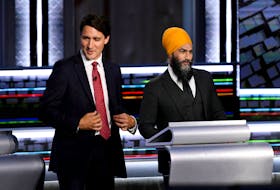Liberal Leader Justin Trudeau and NDP Leader Jagmeet Singh take part in a federal election debate in Gatineau in 2021. Just over a year later, the two leaders formed an agreement to see the NDP support the Liberals until 2025. Canadians will get their first look at what that might mean with the April 7 federal budget. Justin Tang/Pool via REUTERS/File Photo