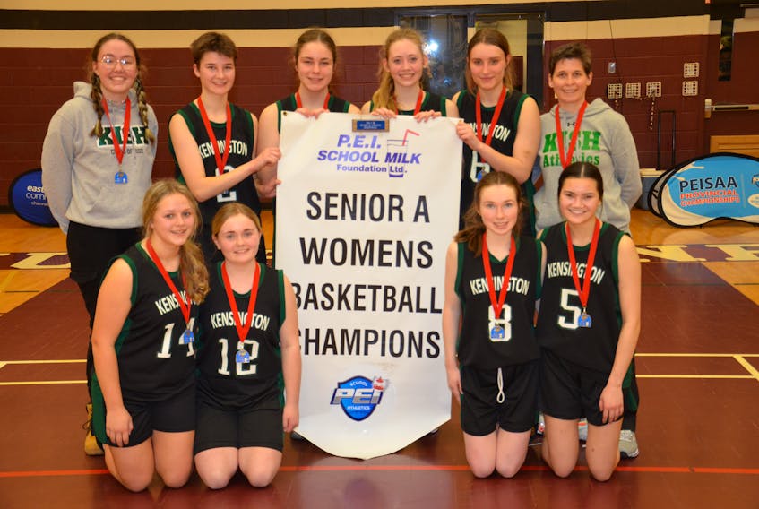 Kensington Intermediate-Senior High School (KISH) defeated Francois Buote 52-47 in overtime to win the Domino’s Pizza P.E.I. School Athletic Association (PEISAA) Senior A Girls Basketball League championship on April 2. KISH team members are, front row, from left, Abby Rice, Abby Neville, Bailey Butler and Jill Lockerby. Back row, from left, Hillary Murray (coach), Sadie Barry, Haven Woodside, Abby Peters, Maleah Welton and Nikki Barry (coach). 
