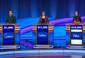 Mattea Roach, right, squares off against Camron Conners and Kathleen Snyder on the April 5, 2022 episode of Jeopardy! - Courtesy of Jeopardy Productions, Inc.