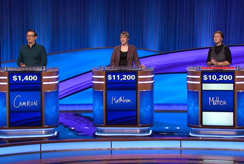 Mattea Roach, right, squares off against Camron Conners and Kathleen Snyder on the April 5, 2022 episode of Jeopardy! - Courtesy of Jeopardy Productions, Inc.