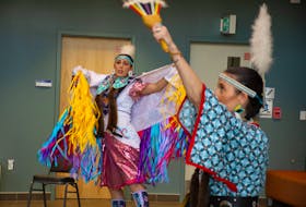 Dancers Jesse Benjamin (left) and Denise John perform prior to an announcement of a new bursary and emergency funds for Indigenous students at Mount Saint Vincent University on Tuesday, May 5, 2022.
Ryan Taplin -  The Chronicle Herald