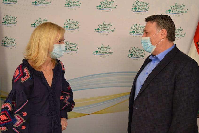 During a COVID-19 briefing on April 5, Dr. Heather Morrison, left, P.E.I.’s chief public health officer, and Premier Dennis King said wearing masks will continue to be mandatory at least until April 28.