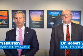 Nova Scotia Premier Tim Houston and Dr. Robert Strang, chief medical officer of health, appear in a video released Wednesday, April 6, 2022, which promotes individual responsibility in dealing with the COVID-19 pandemic.