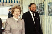  British prime minister Margaret Thatcher tours the Canary Wharf development with Paul Reichmann in 1988. Paul was leader of the Reichmann brothers property development team, which also included Albert and Ralph.