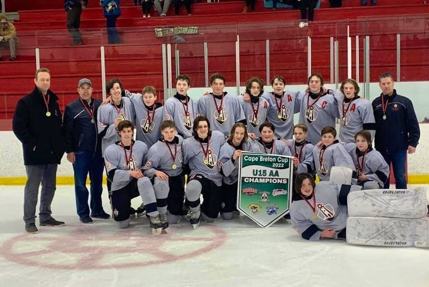 The Cape Breton West Islanders will host the Nova Scotia Under-15 ‘AA’ Provincial Hockey Championship this weekend at the Al MacInnis Sports Centre in Port Hood. The Islanders enter the tournament having won the Cape Breton Cup title last month. Members of the team, front row, from left, Olan Van Zutphen, Matt Delaney, Caleb Timmons, Finley MacDougall, Brady MacKinnon, Lance Heukshorst, Hayden Gillies, Aiden MacDonald, and Jake Poirier. Back row, from left, Jamieson Chisholm (head coach), Kristen Heukshorst (assistant coach) Gavin Spears, Sawyer Beaton, Nathan Anstey, Angus Hughie MacLean, Tristan Ross, Angus Beaton, Jayden Cameron, Cole Campbell, and Dean MacDonald (assistant coach). PHOTO CONTRIBUTED/JAMIESON CHISHOLM.
