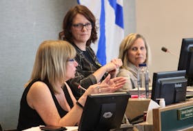 CBRM municipal clerk Deborah Campbell-Ryan, left, responds to a council question as Mayor Amanda McDougall and chief administrative officer Marie Walsh listen during budget deliberation sessions at city hall on Tuesday. IAN NATHANSON/CAPE BRETON POST