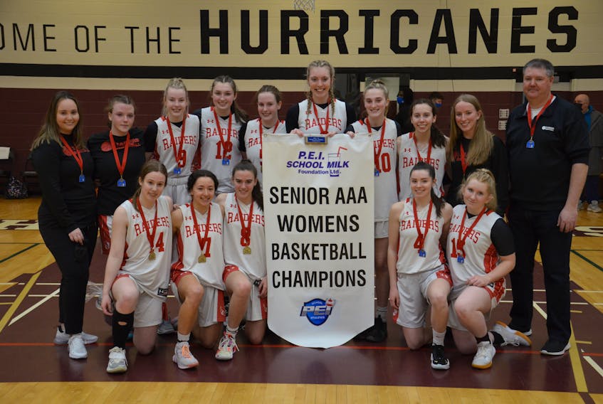 The Charlottetown Rural Raiders won their seventh P.E.I. School Athletic Association senior AAA girls basketball championship in a row at Holland College in Charlottetown on April 5. Team members are, front row, from left: Morgan Reid, Alanna Mabey, Isabelle McGeoghegan, Sydney Lawlor and Lydia Doyle. Back row: Lauren Reid (assistant coach), Dara McCabe, Katie Vidito, Zoe Olscamp, Menna McCabe, Abby MacDonald, Ava Sinnott, Cassidy Hurley, Nicole Davies (assistant coach) and Peter Lawlor (head coach).