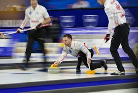 Skip Brad Gushue, pictured during a rock during the 2022 LGT World Men’s Curling Championship in Las Vegas, and Team Canada dropped their first game of the worlds, to Sweden, on Wednesday, April 5, 2022.