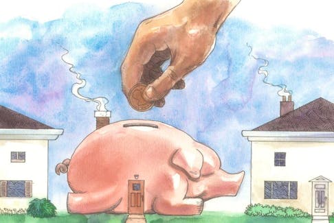 illustration by Paul Gilligan shows two houses with a piggy bank between them 