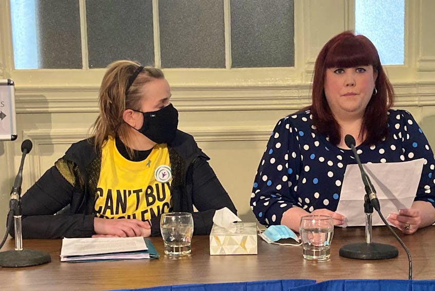 Jennifer Graves, a victim of sexual assault, speaks about non-disclosure agreement legislation introduced by the New Democratic Party on Thursday, April 7, 2022, at Province House in Halifax. Graves is flanked by Kristina Fifield, a trauma therapist at Avalon Sexual Assault Centre -- Francis Campbell photo