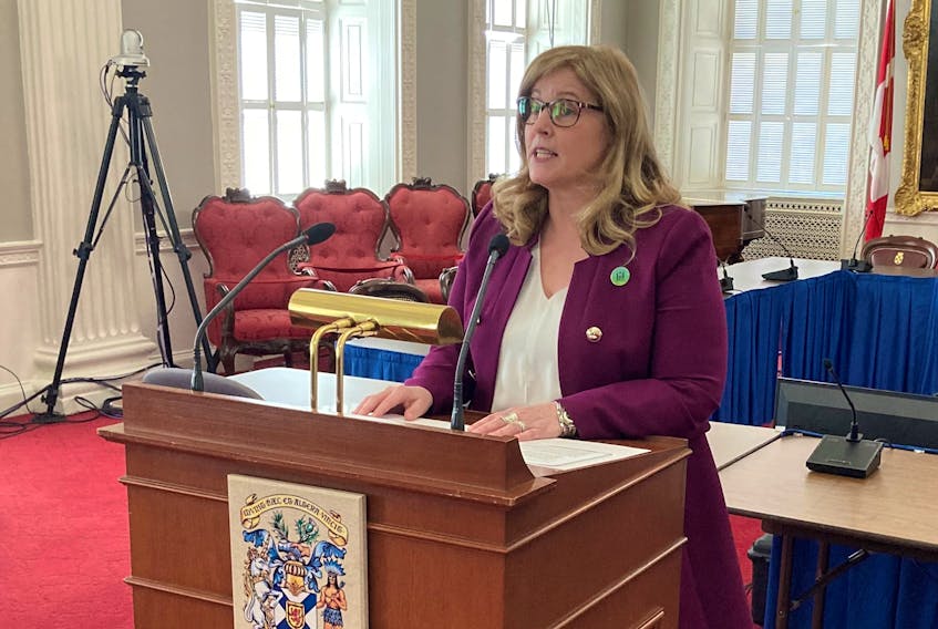 Karla MacFarlane, minister of L'nu Affairs,  holds a briefing at Province House in Halifax on Thursday, April 7, 2022, to introduce the Mi'kmaw Language Act, intended to revitalize the province's first language. -- Francis Campbell photo