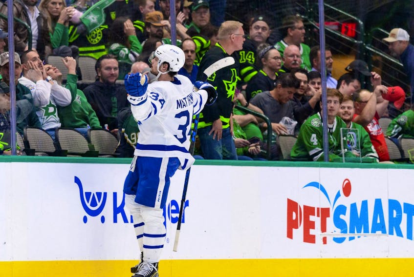 Maple Leafs center Auston Matthews (34) celebrates scoring the game winning goal against the Dallas Stars.
