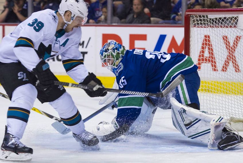 Canucks goalie Thatcher Demko and Sharks forward Logan Couture have faced each other several times over the years, dating back to this Demko save during the 2018-19 season.