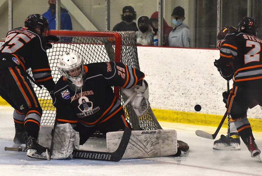 Jack Milner of the Cape Breton West Islanders makes a save during Nova Scotia Under-18 Major Hockey League action at the Membertou Sport and Wellness Centre earlier this season. Milner and the Islanders will take on the Halifax McDonalds in the league final, beginning Saturday in Halifax. JEREMY FRASER/CAPE BRETON POST.