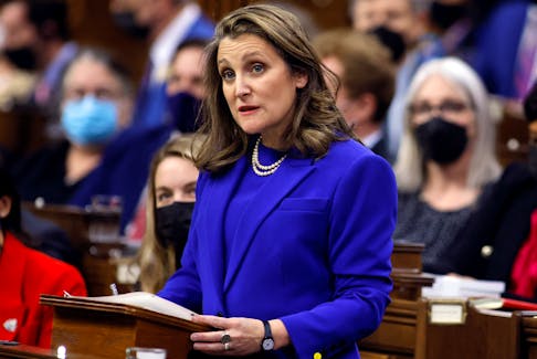 Canada's Finance Minister Chrystia Freeland delivers the 2022-23 budget in the House of Commons on Parliament Hill in Ottawa, Ontario, Canada, April 7, 2022. REUTERS/Blair Gable  Finance Minister Chrystia Freeland delivers the 2022-23 budget in the House of Commons on Parliament Hill in Ottawa, Ont., April 7, 2022. REUTERS/Blair Gable