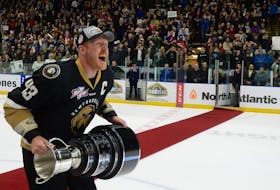Newfoundland Growlers captain James Melindy celebrates after being presented with the Kelly Cup after their win over the Toledo Walleye at Mile One Centre Tuesday night.

Keith Gosse/The Telegram