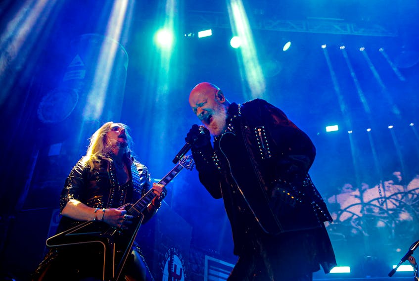 FOR AnE STANDALONE:
Judas priest lead singer, Rob Halford, performs with guitarist Richie Faulkner during the band's concert at the Scotiabnk Centre in Halifax Thursday April 7, 2022.

TIM KROCHAK PHOTO
