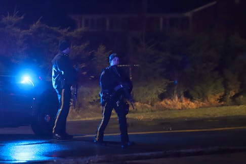 RCMP officers stopped traffic on Cherry Brook Road following an emergency alert about a shooting near East Preston Nova Scotia Friday evening April 8, 2022