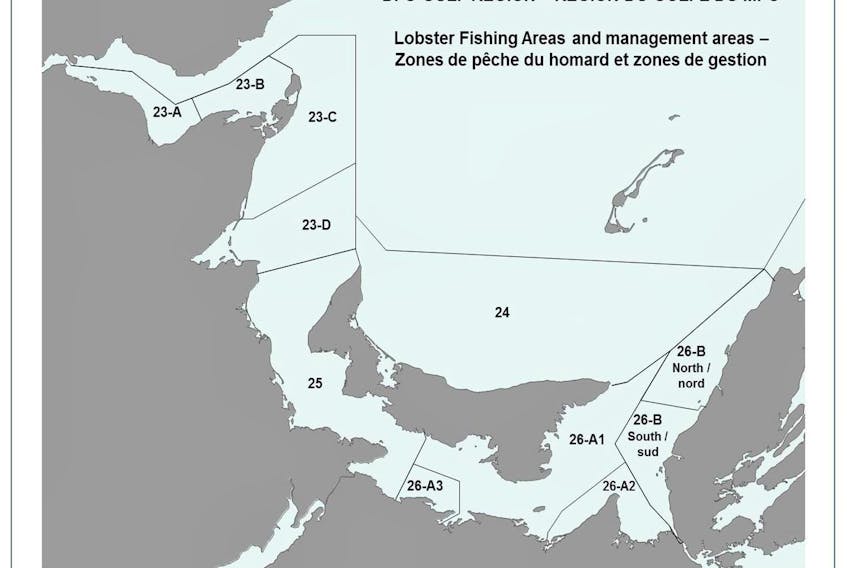 This image provided by the Department of Fisheries and Oceans Gulf Region shows the different lobster fishing areas that border the Maritime provinces.