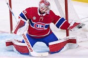  Canadiens goaltender Carey Price gloves the puck against the Florida Panthers in Montreal on Friday, April 29, 2022.