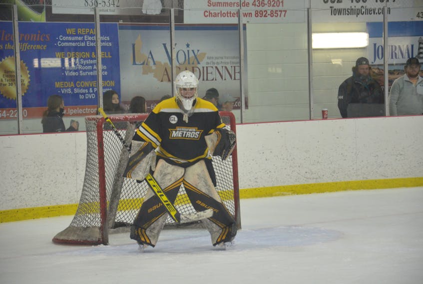 Sherwood-Parkdale A&S Scrap Metal Metros goaltender Matt Jelley made 40 saves in a 3-1 victory over the Antigonish Bulldogs at the 2022 Don Johnson Memorial Cup Atlantic junior B hockey championship in Cocagne, N.B., on April 29. The Metros finished round-robin play with a record of 2-2-0 (won-lost-overtime losses).