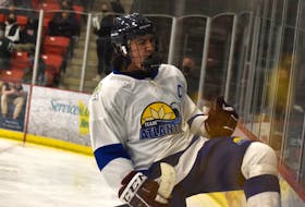 Membertou's Alexander Christmas celebrates after scoring a goal for Team Atlantic during National Aboriginal Hockey Championships action in the male division at the Membertou Sport and Wellness Centre, Monday. Team Manitoba won the game 6-5. JEREMY FRASER/CAPE BRETON POST.