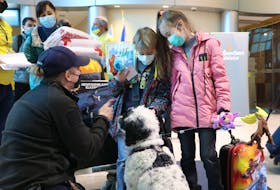 A mother looks on as her children enjoy a greeting from RNC support dog Stella and her handler Const. Krista Fagan after the family disembarked the flight from Poland bringing Ukrainian refugees to the province Monday night.