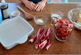 Cheryl Rathgeber's  ingredient prep for her strawberry rhubarb crisp. The delicious dessert is particularly popular in the spring. Contribuuted/Mackenzie Rathgeber