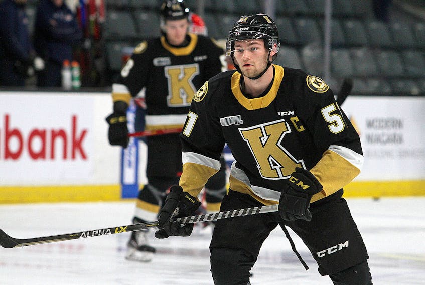 Kingston Frontenacs captain Shane Wright  warms up prior to a game.