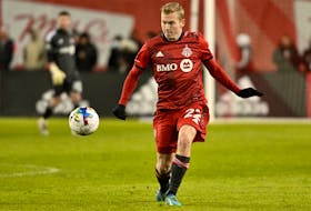 Toronto FC's Jacob Shaffelburg of Port Williams plays a pass against the Philadelphia Union during Major League Soccer play April 16 at BMO Field in Toronto. The HFX Wanderers will host Shaffelburg and TFC in a Canadian Championship quarter-final later this month in Halifax. - DAN HAMILTON / USA TODAY SPORTS