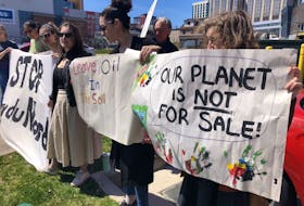 Protestors outside of Equinor's offices in St. John's on May 11 rallied against the companies proposed Bay du Nord offshore oil project.