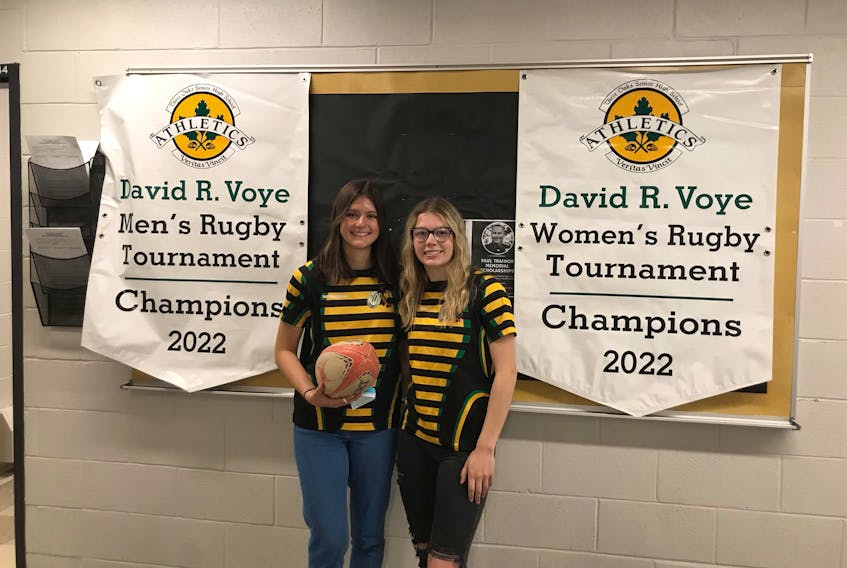 Three Oaks AAA Axewomen seniors Lindsay Stewart, left, and Hannah Somers are looking forward to participating in the 2022 David Voye Memorial rugby tournament in Summerside from May 12 to 14. This is the first time Stewart and Somers will participate in the popular event after COVID-19 resulted in the cancellation of the tournament the last two years. Stewart and Somers are trying out for Team P.E.I. for the 2022 Canada Summer Games.