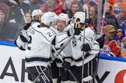 The Los Angeles Kings celebrates a goal scored on the Edmonton Oilers byTroy Stecher (51) during first period NHL playoff action on Tuesday, May 10, 2022 in Edmonton. 