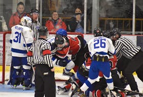A scrum breaks out in front of the Team Atlantic net in second period of play between Atlantic and Ontario during male action at the National Aboriginal Hockey Championships at the Membertou Sport and Wellness Centre, Wednesday. Team Ontario won the game 7-1. JEREMY FRASER/CAPE BRETON POST.