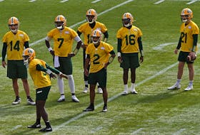 Seven quarterbacks suited up during the first day of Edmonton Elks rookie camp at Commonwealth Stadium in Edmonton on Wednesday, May 11, 2022.
