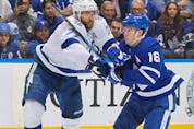  Lightning defenceman Victor Hedman, left, battles against Maple Leafs forward Mitch Marner during Game 5 of the first round of the 2022 Stanley Cup Playoffs at Scotiabank Arena in Toronto, Tuesday, May 10, 2022.