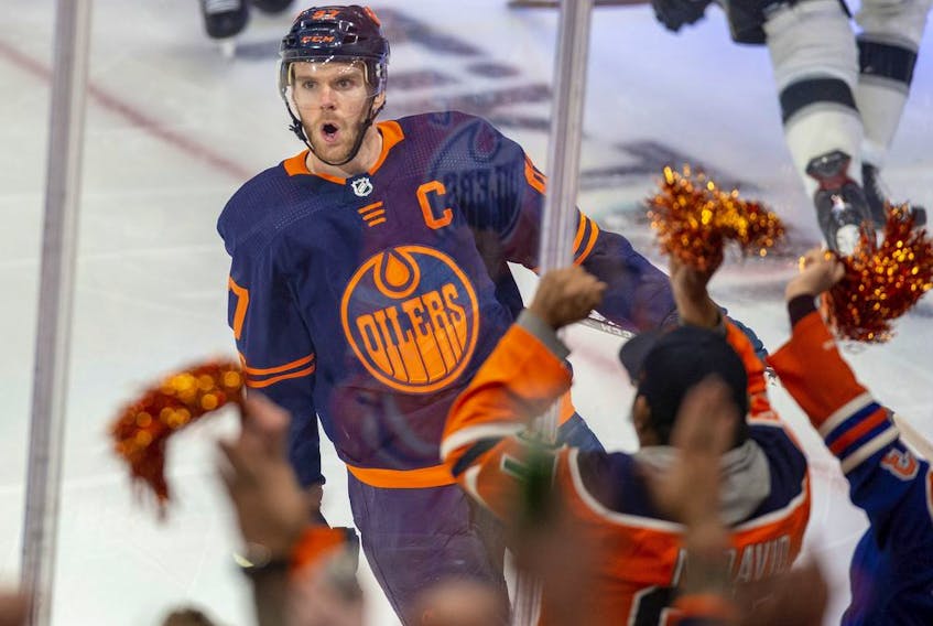  Edmonton Oilers Connor McDavid (97) celebrates his goal against the Los Angeles Kings during third period NHL playoff action on Tuesday, May 10, 2022, in Edmonton. Greg Southam-Postmedia