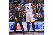 Toronto Raptors Serge Ibaka C (9) with head coach Nick Nurse during the first half in Toronto, Ont. on Sunday May 12, 2019.
