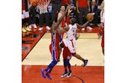 Toronto Raptors Kawhi Leonard SF (2) goes in for a slam during the third quarter in Toronto, Ont. on Sunday, May 12, 2019