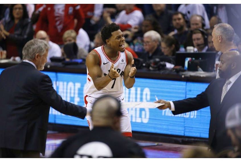 Toronto Raptors Kawhi Leonard SF (2) pleads his case after scoring a three during the first half in Toronto, Ont. on Sunday May 12, 2019. Jack Boland/Toronto Sun/Postmedia Network