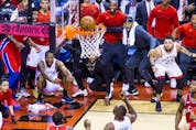 Kawhi Leonard watches as his game winning ball goes in, to clinch the series in Game 7, as the Toronto Raptors defeat the Philadelphia 76ers, in Toronto, Ont. on Sunday , May 13, 2019.