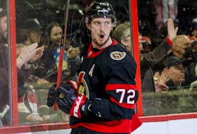 Ottawa Senators defenceman Thomas Chabot celebrates his goal against the New Jersey Devils in first period NHL action at the Canadian Tire Centre on April 26, 2022.