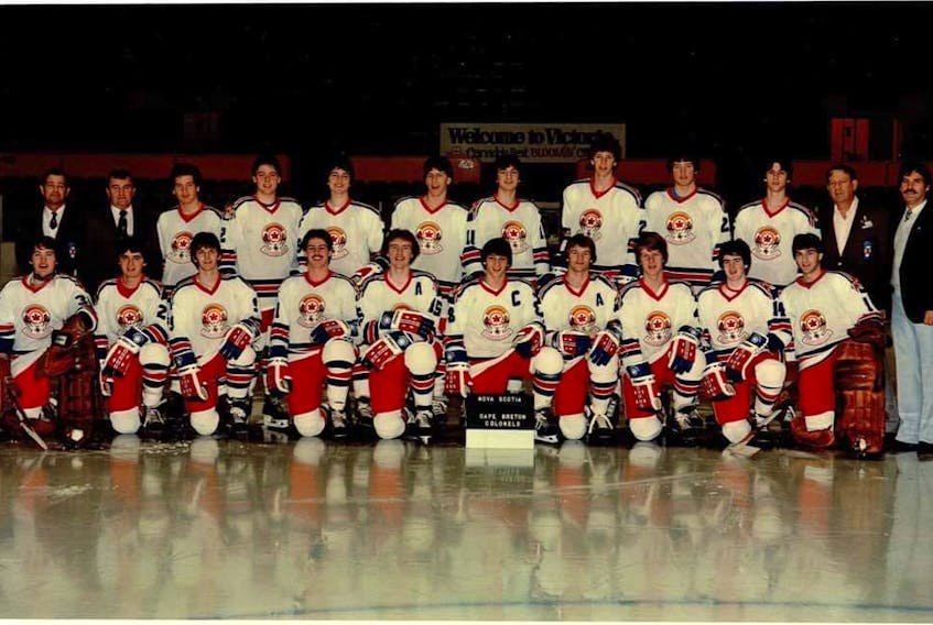 The Cape Breton Colonels captured the Maritime Midget ‘AAA’ Hockey League championship, defeating Dartmouth in the league final during the 1981-82 season. Cape Breton advanced to the Air Canada Cup – now known as the Telus Cup – and took home a bronze medal at the event. Members of the team, not in order, Peter McCarron, Fabian Joseph, Jackie MacKeigan Jr., Glen Foster, Eric Parsons, Kenny Forward, David Bennett, Richard Burton, Allan Pendergast, Chuck Barrington, Roy Gouthro, Jean Marc MacKenzie, Bryant Deveaux, Timmy Macintosh, Kerry Marsh, Phillip David, and Derek Chiasson. The staff included Paul (Jiggar) Andrea (head coach), Jackie MacKeigan Sr. (assistant coach), Rod McCarron (manager), and Teddy Gouthro (equipment manager). PHOTO CONTRIBUTED.