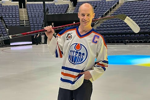 Figure skating champion Kurt Browning wearing an Edmonton Oilers jersey while in the city promoting Stars On Ice which opens on Sunday May 14, 2022