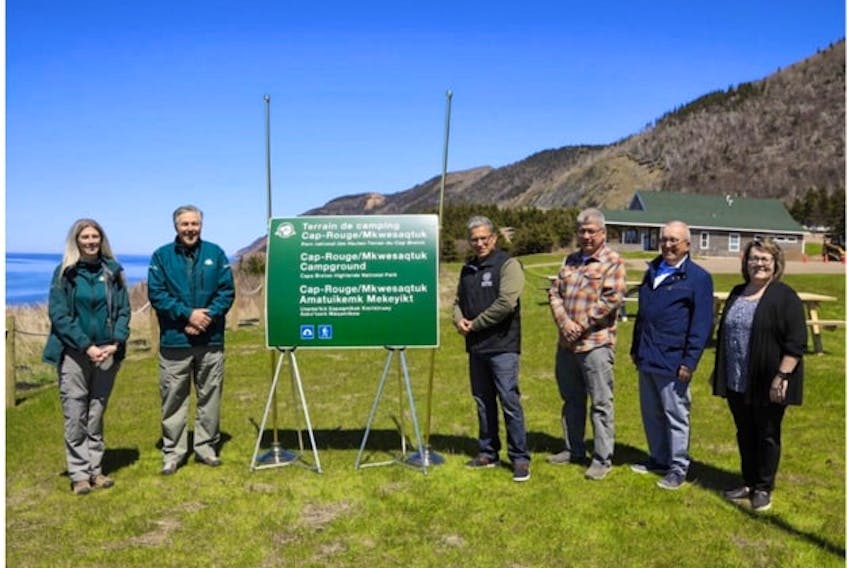Parks Canada officials and partners unveiled the name of the new campground in Cape Breton Highlands National Park. Parks Canada officials at the unveiling included, from left, Kelly Deveaux, assistant superintendent of Cape Breton Highlands National Park, and Blair Pardy Parks Canada’s Cape Breton Field Unit superintendent. Also at the unveiling, from left, Potlotek First Nation Chief Wilbert Marshall, Quentin Doucette, Parks Canada-Unama’ki advisory committee member, Napoléon Chiasson, president of La Société Saint-Pierre and Lisette Bourgeois, general director of La Société Saint-Pierre.