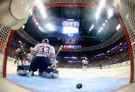 Cam Talbot #33 of the Edmonton Oilers looks on after Nick Ritchie #37 of the Anaheim Ducks scored a goal during the third period  in Game Seven of the Western Conference Second Round during the 2017 NHL Stanley Cup Playoffs at Rogers Place on May 7, 2017 at Honda Center on May 10, 2017 in Anaheim, California.