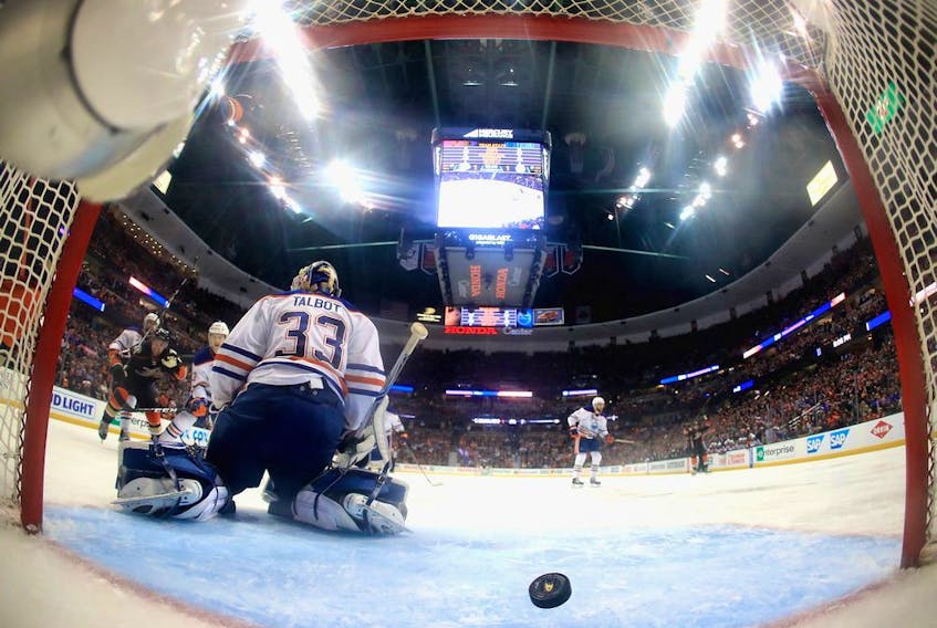 Cam Talbot #33 of the Edmonton Oilers looks on after Nick Ritchie #37 of the Anaheim Ducks scored a goal during the third period  in Game Seven of the Western Conference Second Round during the 2017 NHL Stanley Cup Playoffs at Rogers Place on May 7, 2017 at Honda Center on May 10, 2017 in Anaheim, California.