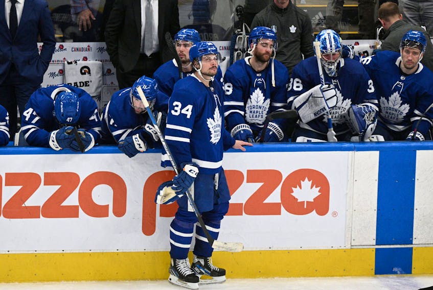 May 14, 2022; Toronto, Ontario, CAN;  Toronto Maple Leafs players react after losing to the Tampa Bay Lightning in game seven of the first round of the 2022 Stanley Cup Playoffs at Scotiabank Arena. Mandatory Credit: Dan Hamilton-USA TODAY Sports