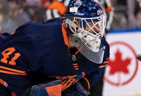 Edmonton Oilers goaltender Mike Smith (41) plays the L.A. Kings during second period NHL Stanley Cup playoffs action at Rogers Place in Edmonton, on Saturday, May 14, 2022. 